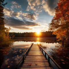 Autumn forest landscape with wooden pier.