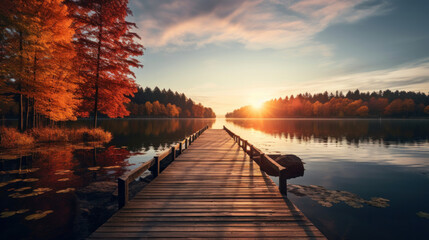 Autumn forest landscape with wooden pier. © Wararat