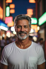 happy handsome man with beard and gray hair on vacation posing in a tourist town