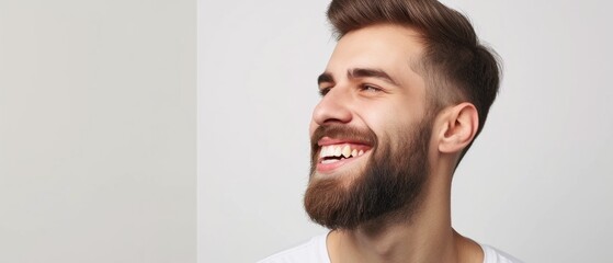 Fototapeta premium Handsome well groomed bearded man on white background, space for text. Beard style for men, beard care grooming. Barbershop banner template. Male cosmetology and beard health concept