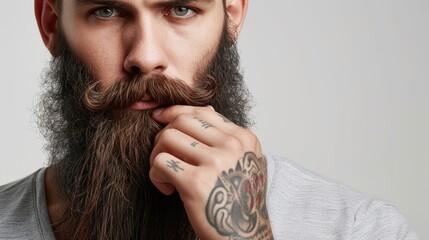 Well groomed young bearded men isolated white background. Beard style for men. Close up. Concept for men's mustache and beard care. Banner, space for text. 