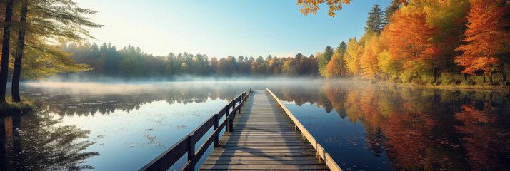 Autumn forest landscape with wooden pier.