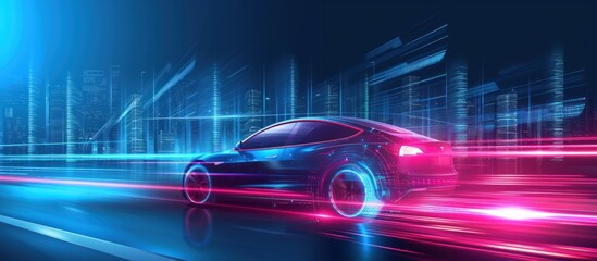 Fast speed electric car silhouette on city highway neon glowing modern style. AI generated image