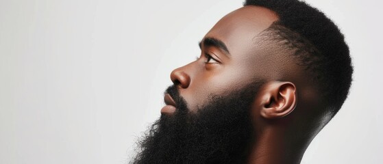Closeup profile photo of macho attractive african american guy well groomed look empty space seriously isolated white color background - obrazy, fototapety, plakaty