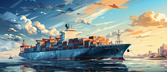 Cargo ship in sea or ocean. Freight transportation concept. Cargo Ship illustration banner with copy space. Logistics and transportation concept. Cargo ship. Freight transportation - obrazy, fototapety, plakaty