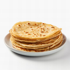 Gourmet Freshly Baked Pancakes Stack in a White Dish Isolated on White Background - Perfect for Breakfast Menus and Pastry Ads
