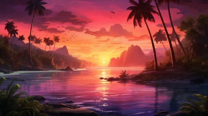 Aerial perspective showcasing a serene archipelago with lush palm trees set against the backdrop of a mesmerizing sunset painting the sky in hues of orange, pink, and purple. photorealistic epic light - Powered by Adobe
