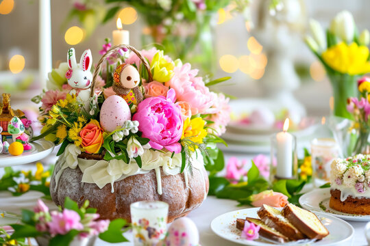 An image of a feast with Easter attributes: a flower basket, Easter cakes and painted eggs. A concept on the theme of celebrating