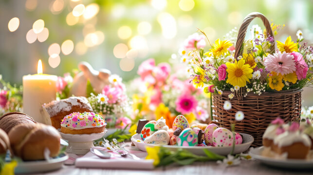 An image of a feast with Easter attributes: a flower basket, Easter cakes and painted eggs. A concept on the theme of celebrating