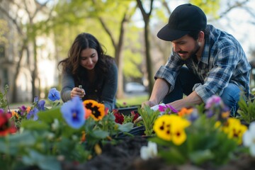 man and woman gardening in a public flower bed - obrazy, fototapety, plakaty