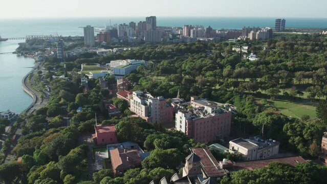 Flying Towards FAB Green VIllage, Tamsui, Taipei, Taiwan, Aerial Tracking Shot
