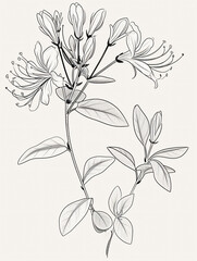 Black and white style line drawing honeysuckles flowers
