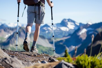 solo hiker with trekking poles on mountaintop - obrazy, fototapety, plakaty