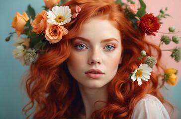 Naklejka premium Young beautiful redhaired model with flowers in hairs isolated on studio pastel background. Concept of modeling business, international women's day. AI generated