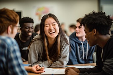 Group of high school students laughing together during classroom activity.