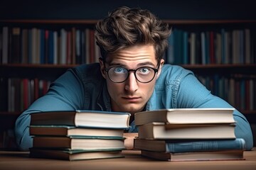 Man leaning on table with stack of books.