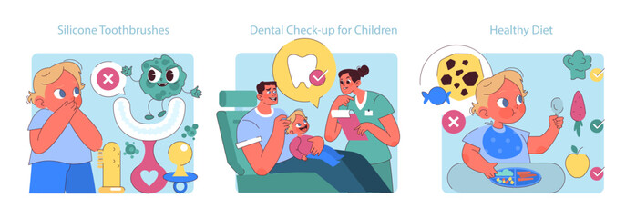 Preventing Tooth Decay Children set. Missteps and right choices in dental care illustrated. Silicone toothbrushes, regular dentist visits, and balanced nutrition.