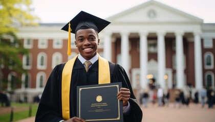 A man in cap and gown holding a diploma.