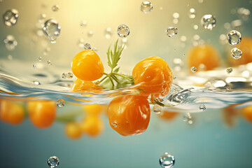 Vivid Fresh Tomatoes Splashing in Water with Bubbles and Sunshine - High-Quality Freshness Concept Image