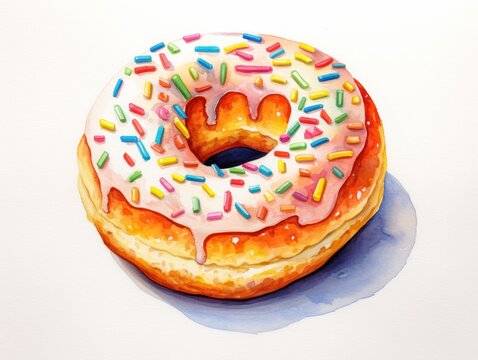 Hand-Painted Watercolor Illustration of a Sprinkled Frosted Donut on White Background