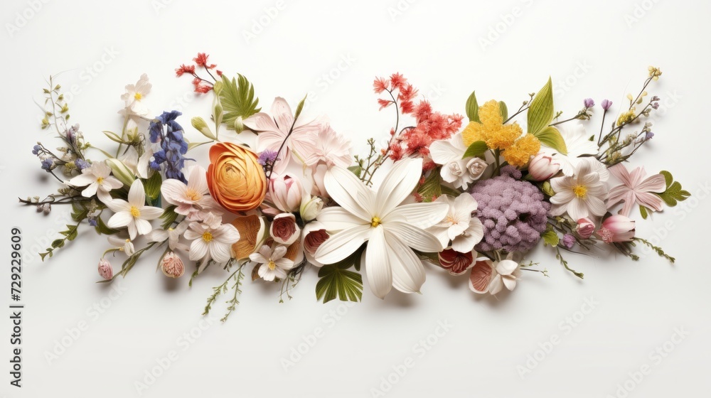 Poster An elegant display of seasonal blooms artistically composed on a white background, providing a blank canvas for customizable texts or branding elements Generative AI