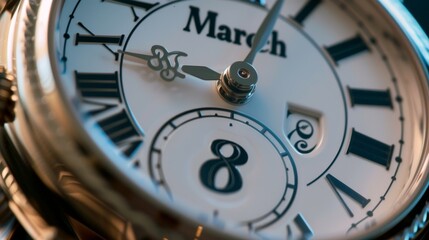 A close-up of a watch face where "March 8" replaces the usual numbers, intertwining time with the importance of the day 
