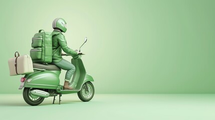 3D online food order and food delivery service.carrier on freight scooter and delivery bag, green color background. Food delivery green motor scooter driver with Green backpack and delivery box