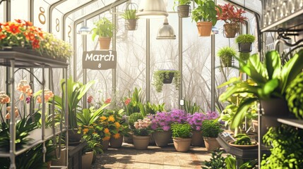 A lush greenhouse scene, with "March 8" spelled out by the placement of potted flowering plants, celebrating growth and nurturing environments --ar 16:9 