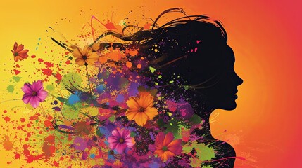 International Women's Day concept for March 8th featuring a woman silhouette, vibrant flowers, and splattering paint. vector illustration - obrazy, fototapety, plakaty