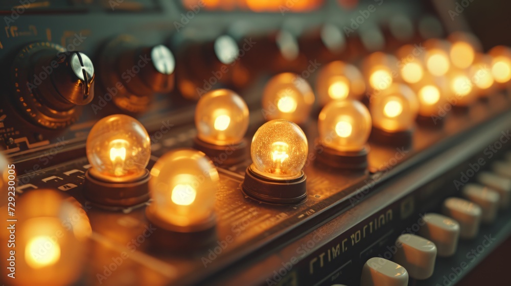 Poster antique cassette recorder adorned with rows of illuminated vintage-style light bulbs, generative ai