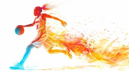 Abstract basketball player woman in action isolated white background. Colorful vector illustration