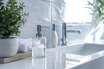Bathroom counter with sink, water faucet and soap dispenser with liquid soap