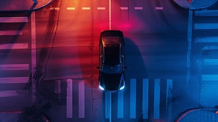 A car with its headlights on drives over a pedestrian crosswalk at night. Top view from drone. - obrazy, fototapety, plakaty