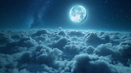 Beautiful realistic flight over cumulus lush clouds in the night moonlight. A large full moon shines brightly on a deep starry night - obrazy, fototapety, plakaty
