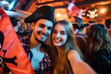 young couple taking a selfie with a pirate flag at a costume party - obrazy, fototapety, plakaty
