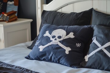 skull and crossbones pillows on boys bed