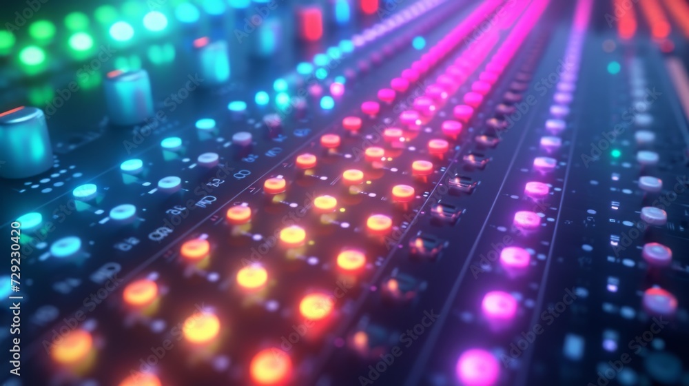 Poster audio equalizer board adorned with rows of luminous lights, reacting dynamically to the audio input,