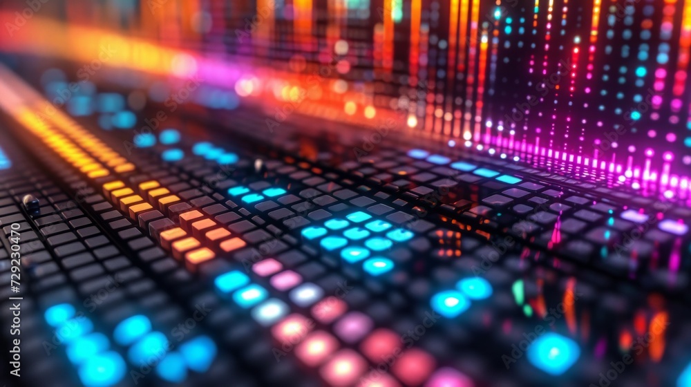 Poster audio equalizer display adorned with an array of multicolored flashing lights, reflecting the music'