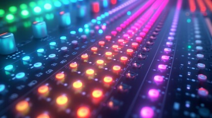 Audio equalizer board adorned with rows of luminous lights, reacting dynamically to the audio...