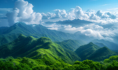 World Environment Day concept: Green mountains and beautiful sky clouds under the blue sky - Powered by Adobe