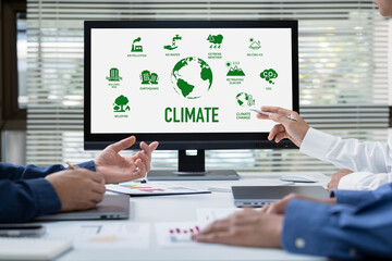 Climate. Meeting to discuss climate, global change. Global warming caused by human activities Meeting to help save the world Businessmen meeting about global warming in an office