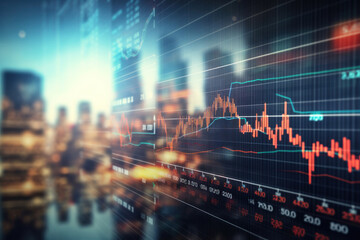 Obraz premium Blurred background of Stock market business concept with financial chart on screen and metropolis. Investment and trading background.