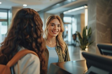 Young woman receptionists check in new guest in hotel lobby near the counter
