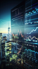 Blurred background of Stock market business concept with financial chart on screen and metropolis. Investment and trading background. - obrazy, fototapety, plakaty