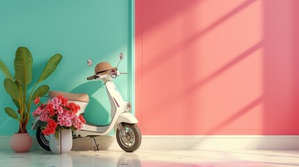 Electric scooter near the room's colorful wall with a hat, flowers, and a surfboard