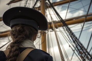 person wearing captains hat inspecting rigging