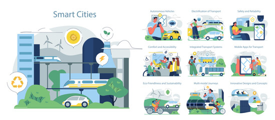 Urban Transportation Methods set. Diverse mobility options in city life. Integration of eco-friendly vehicles and public transport. Navigation through tech advancements.