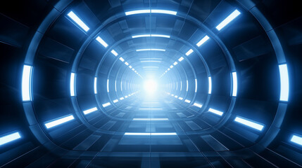 Futuristic Illuminated Tunnel With Glowing Blue Lights Leading to Bright White Center. Wallpaper, background. Copy space.