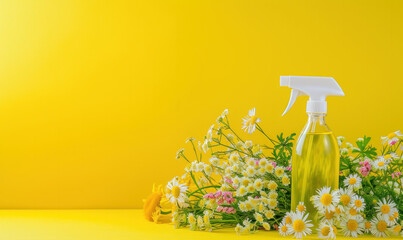Bottle of Cleaner Next to Bouquet of Daisies