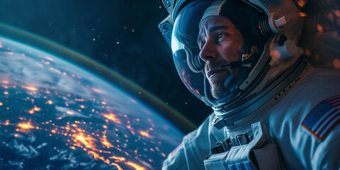 Astronaut im Weltall im Hintergrund der Planet Erde mit seinen leuchtenden Städten - obrazy, fototapety, plakaty